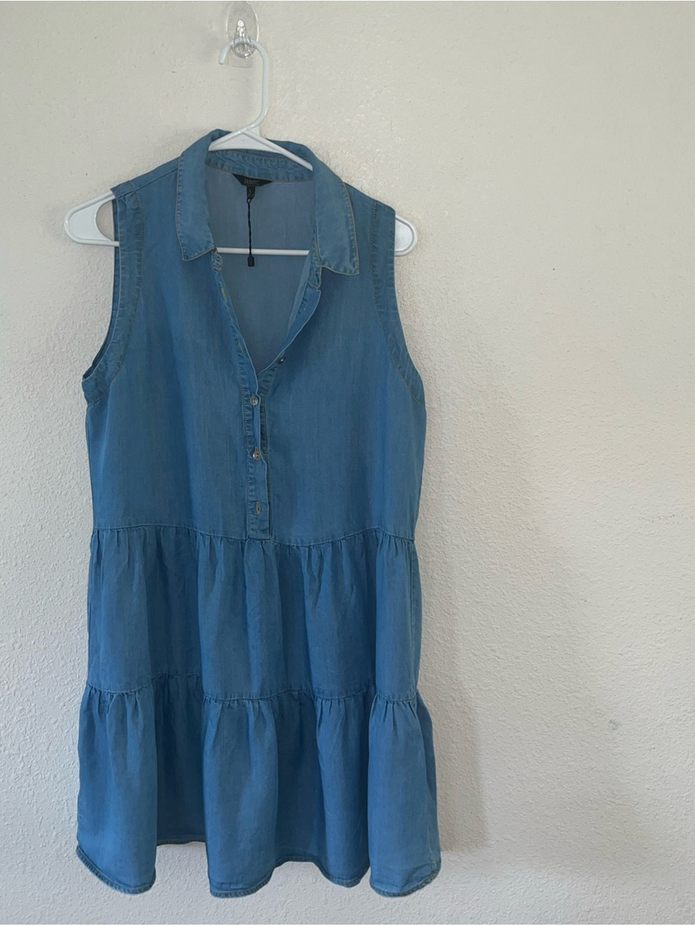 Sleeveless Chambray Tiered Mini Dress - Blue